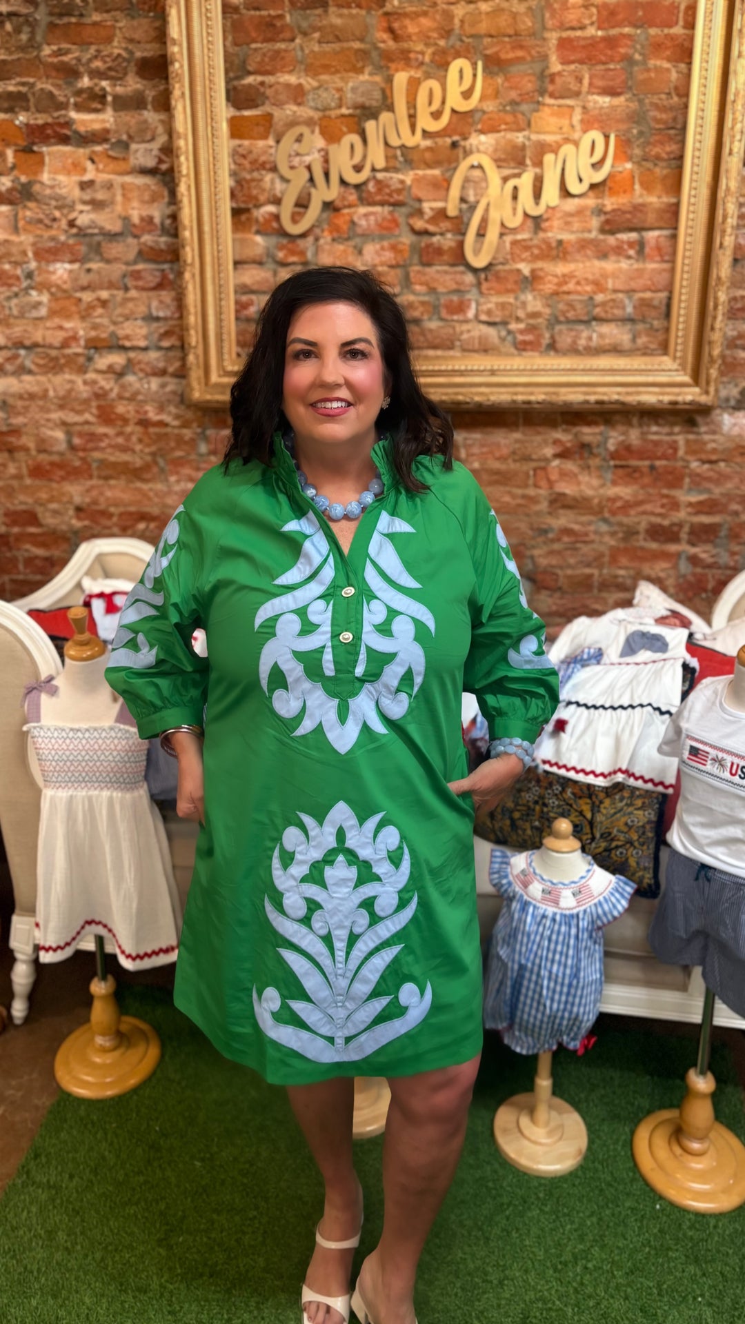 Kelly Green and Light Blue Baroque Appliqué Shift Dress, available in sizes XS-XL.