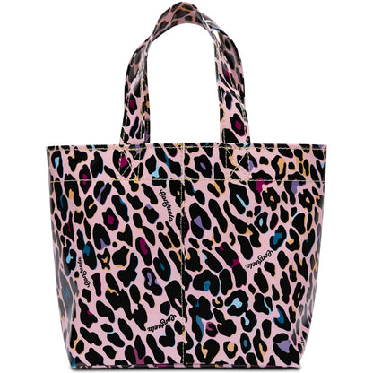 Glossy ConsuelaCloth tote with pink, black, blue, yellow leopard prints; two handles; "Goodjuju" text; easy to clean. Available in S/M/L.