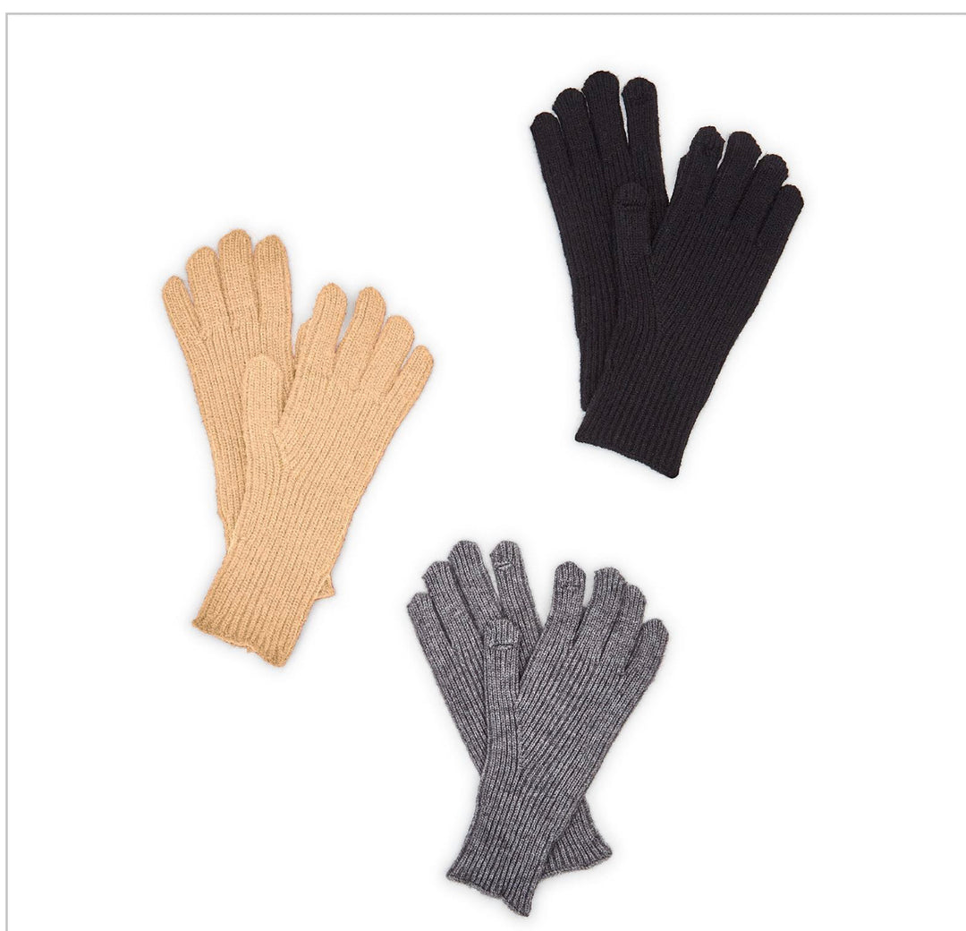 Knit touchscreen gloves in beige, black, and gray. Available in S, M, L sizes. Set of three pairs.