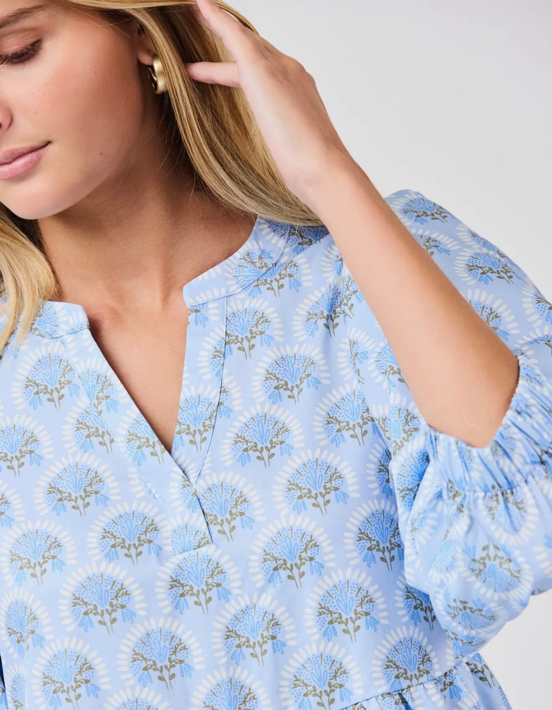 Cooper Botanical Blooms Dress: light blue, V-neck, floral print, 3/4 sleeves, notched neckline. Available in sizes XS–XL.
