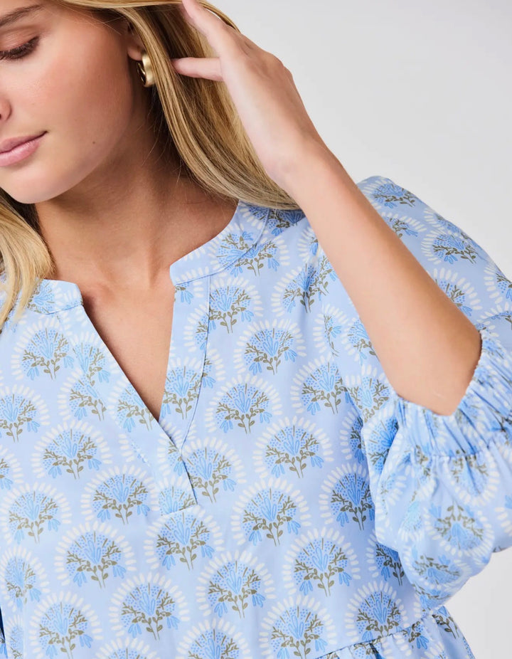 Cooper Botanical Blooms Dress: light blue, V-neck, floral print, 3/4 sleeves, notched neckline. Available in sizes XS–XL.
