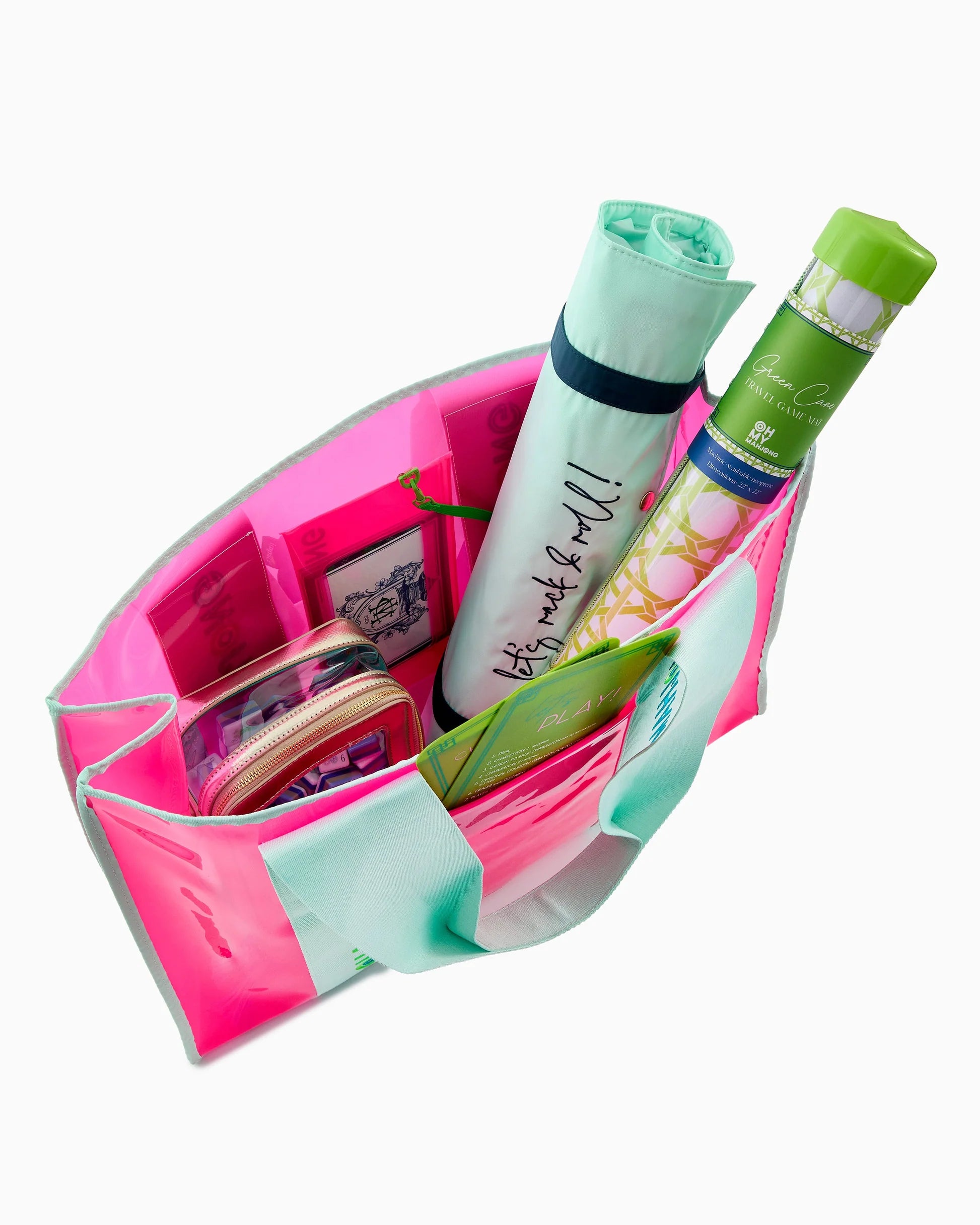 The Mahjong Beach Bag in pink and white, available in multiple sizes, shown from above.