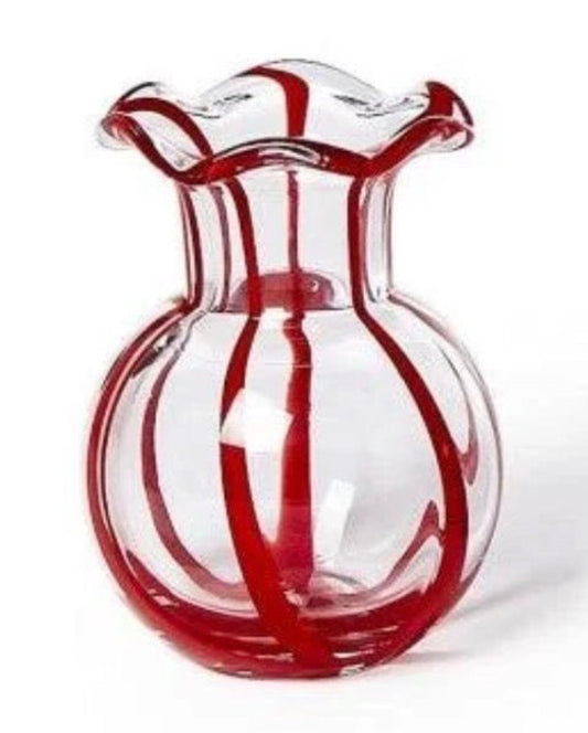 Clear glass vase with a round body, flared ruffled rim, and bold vertical red stripes from base to rim. Available in multiple sizes.