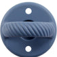 A close-up image of a Sweetie Soother: Blue, two-hole button with a textured, twisted design across its middle.