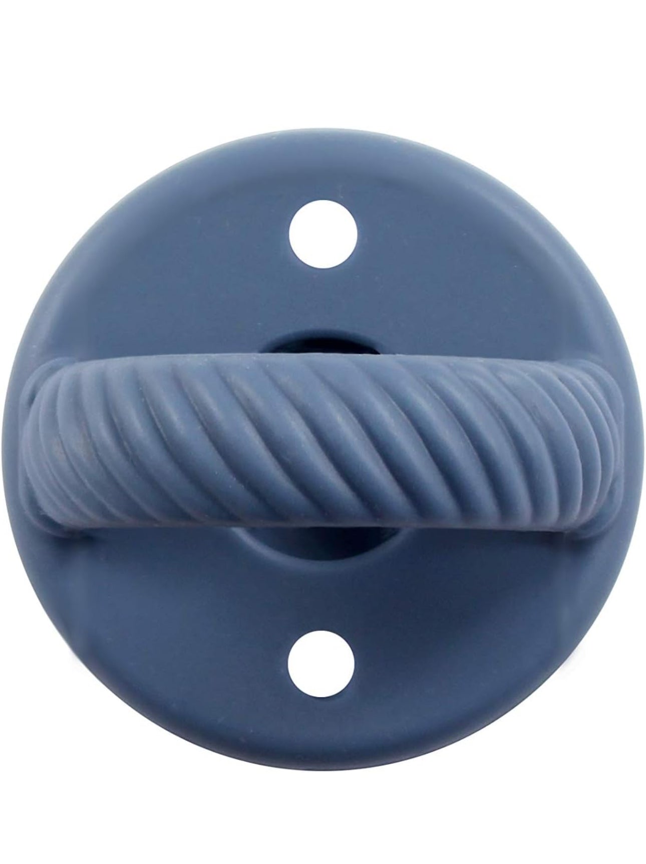 A close-up image of a Sweetie Soother: Blue, two-hole button with a textured, twisted design across its middle.