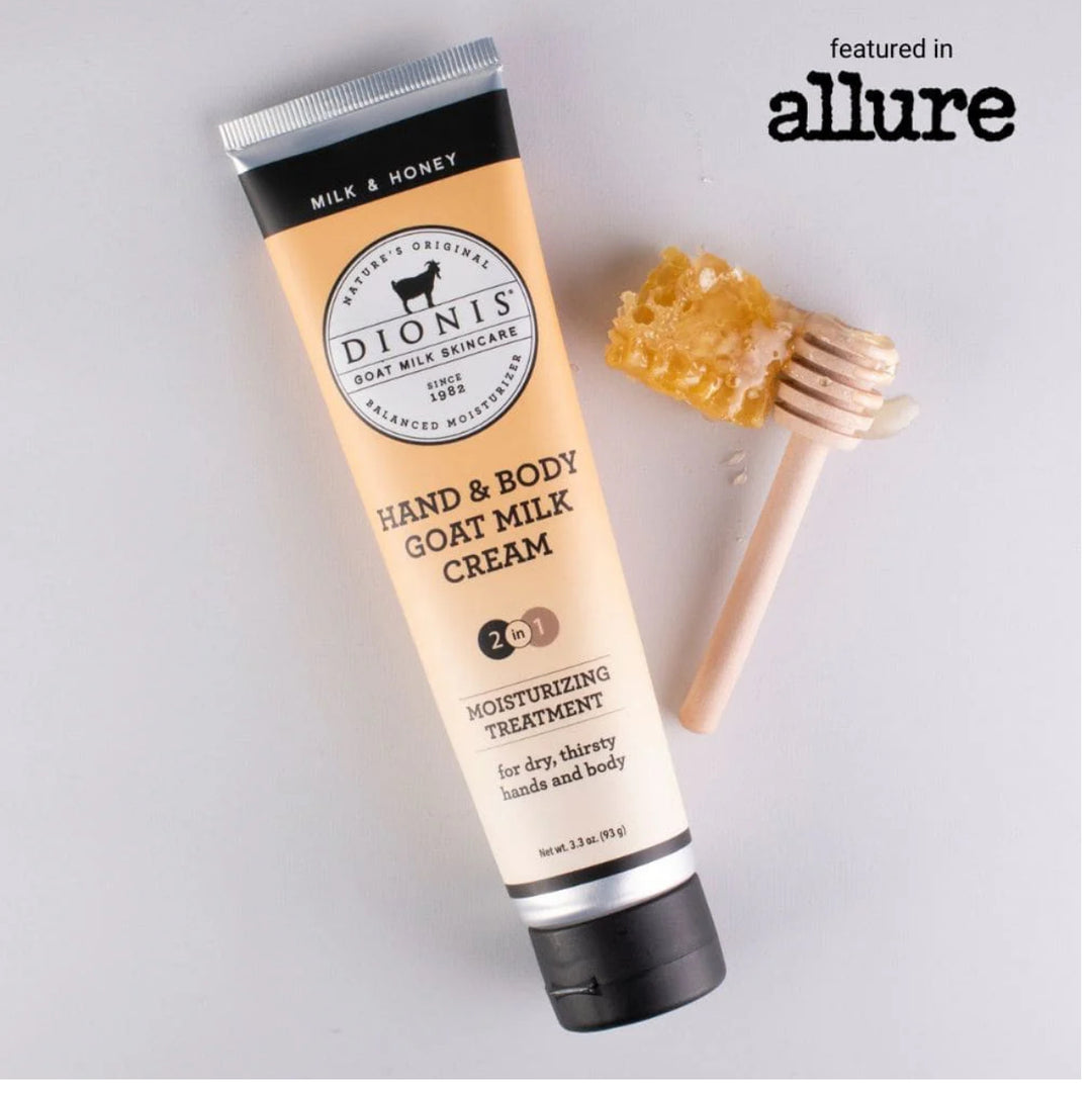 Tube of Goat Milk Hand Cream in Milk &amp; Honey scent. Moisturizes dry hands and body with vitamins and nutrients from goat milk. Sizes: 2 oz, 8 oz.