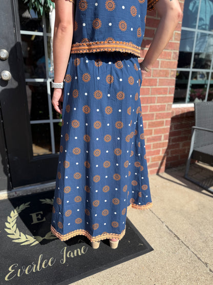 Auburn Medallion Skirt Set: blue with orange geometric patterns and white polka dots, hand block printed. Available in sizes XS-XL.