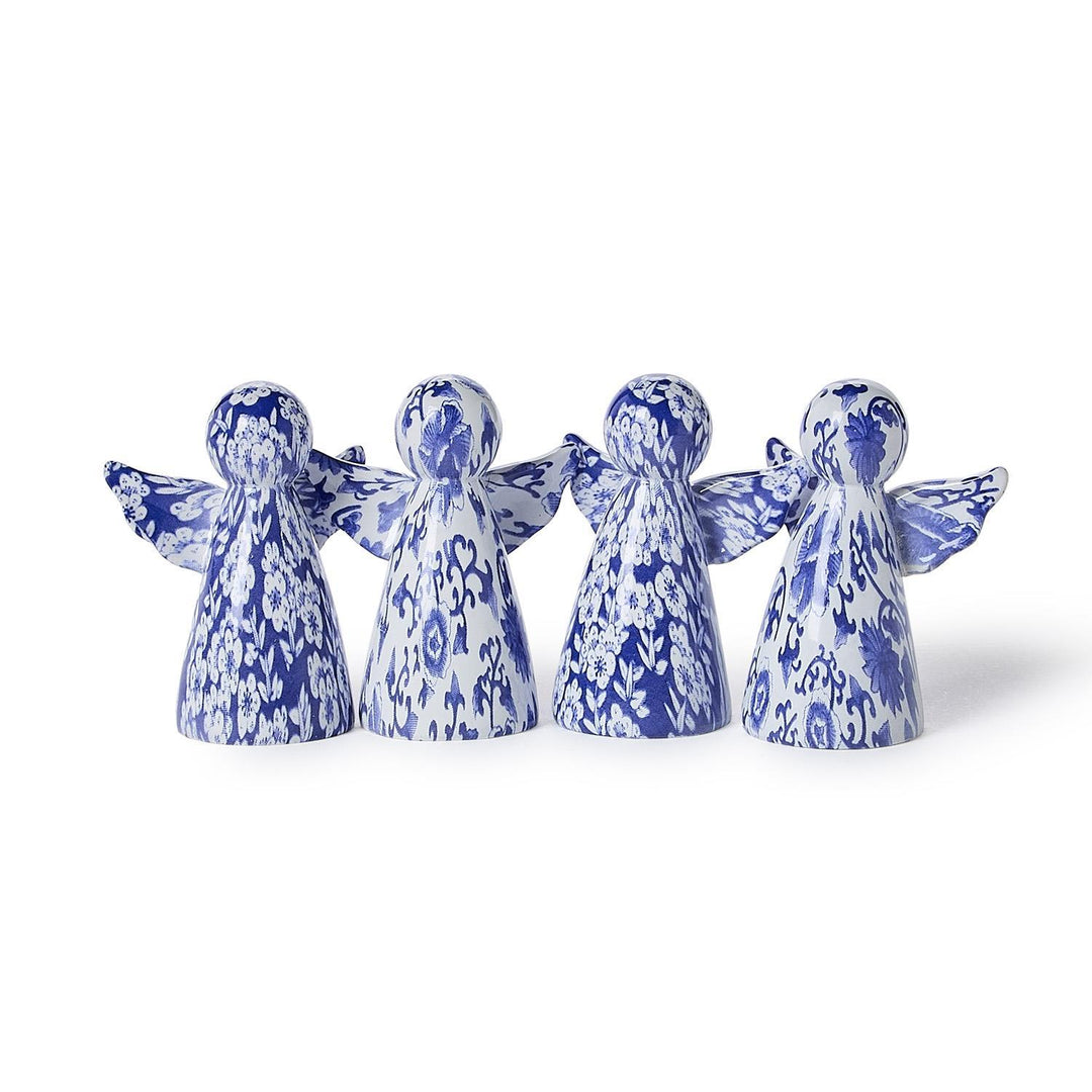 Four blue and white angel figures.