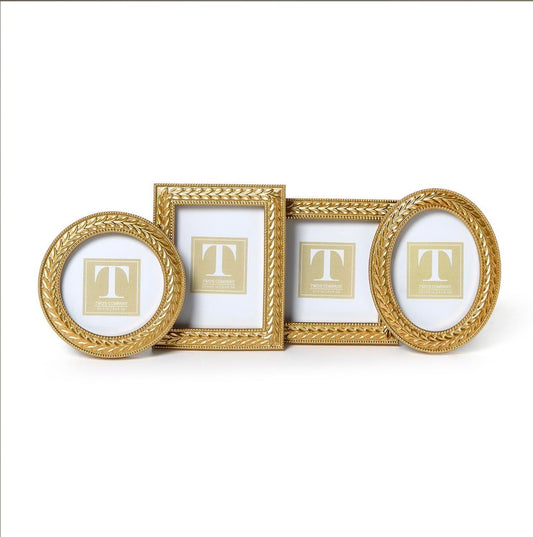 Set of four empty Laurel Wreath gold photo frames—two oval and two rectangular—with placeholder cards displaying a large "T" in the center. Available sizes: oval (5x7"), rectangular (4x6", 5x7").
