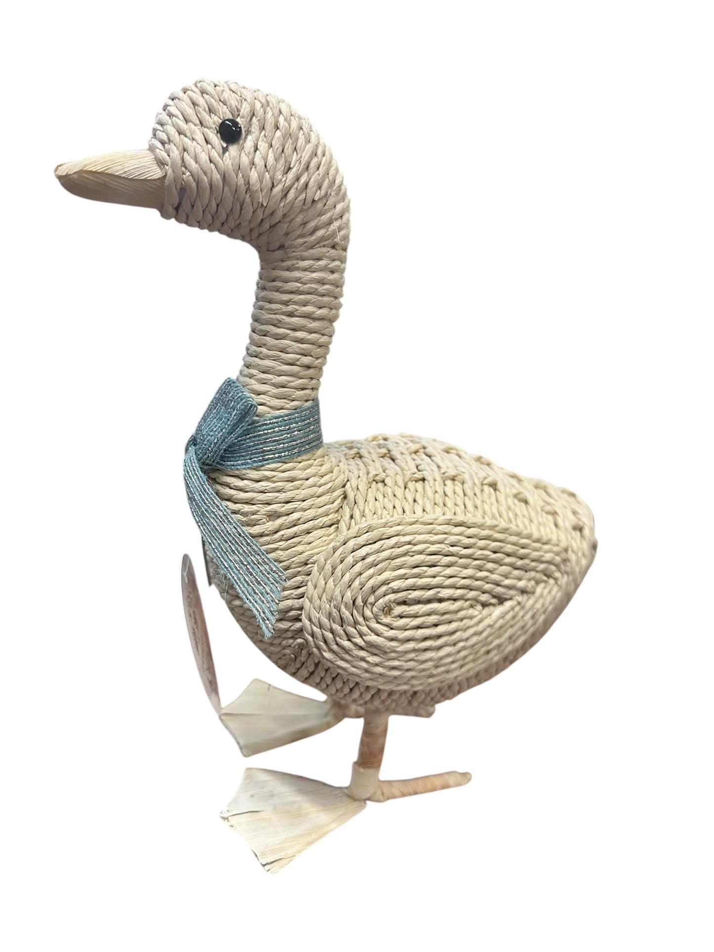 Handmade Cornhusk Standing Goose with black bead eyes, flat feet, blue ribbon; available in small and large sizes.