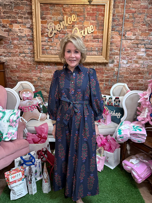 Navy Block Print Belted Dress