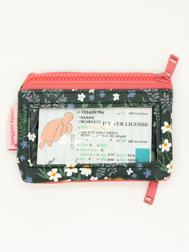 Key Chain Wallet with floral design, cartoon turtle ID window, pink zipper, zip pockets, side tag, keyring. Sizes available.
