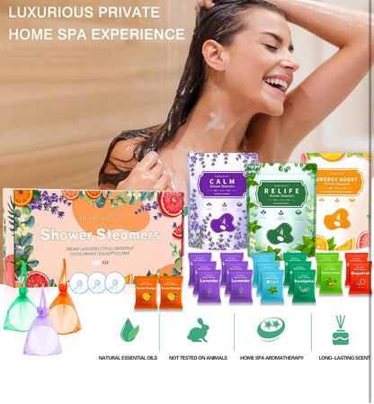 Vibrant Shower Steamers packaging; natural oils, cruelty-free, aromatherapy benefits. Sizes: 6-pack, 12-pack.