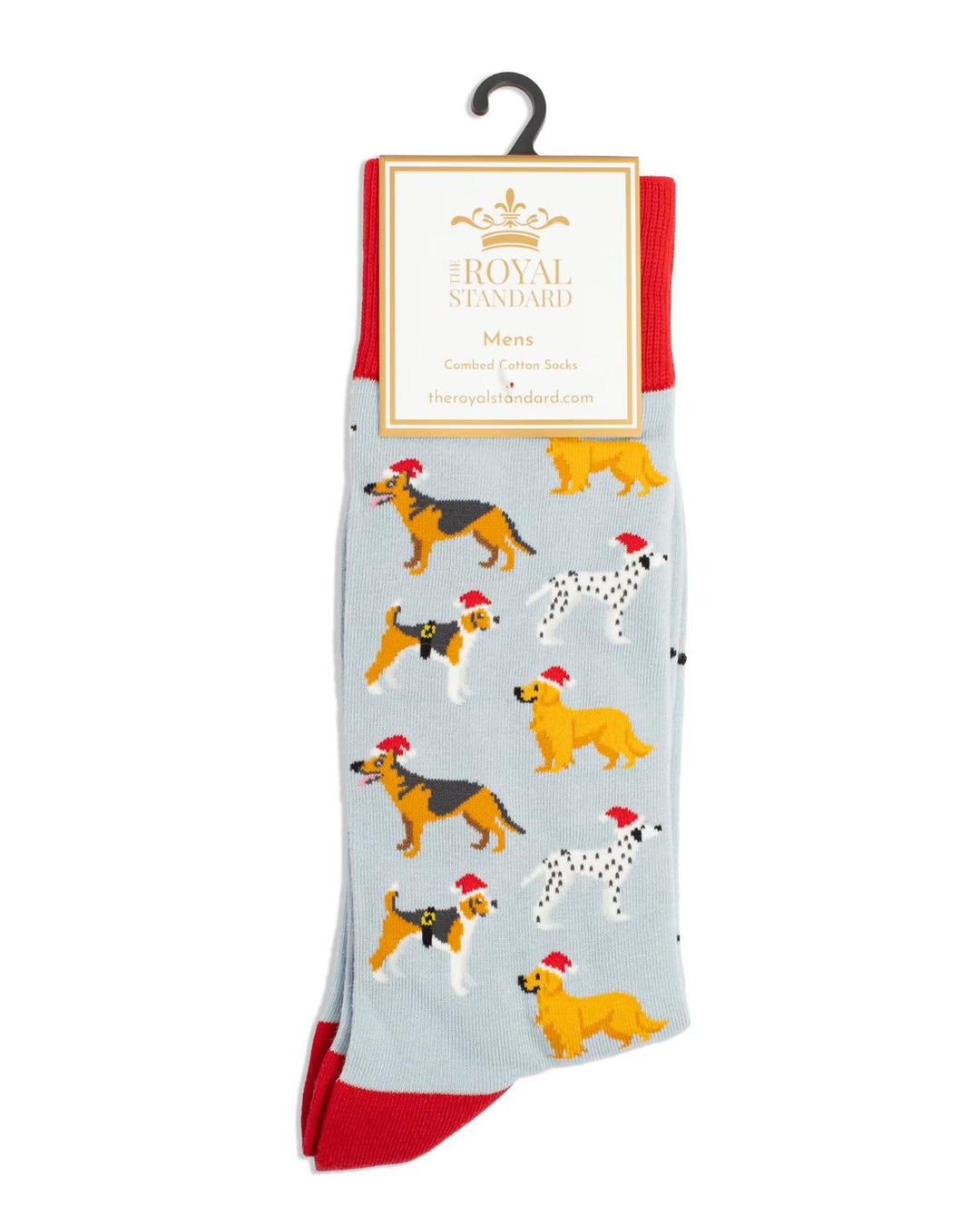 Men’s Santa Paws Socks: light blue socks with a pattern of dog breeds in red Santa hats, finished with bright red cuffs, heels, and toes. Available in men’s sizes 6-12.