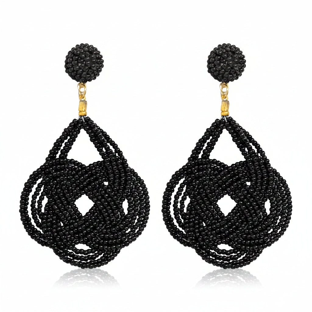 Whit Black Beaded Statement Dangle Earrings with circular tops, knotted teardrop shapes, and gold accents; available in small, medium, and large sizes.