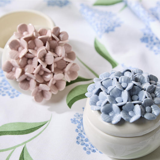 Two small Hydrangea Trinket Jewelry Boxes, lids with pastel pink and blue floral clusters. Available in small sizes.
