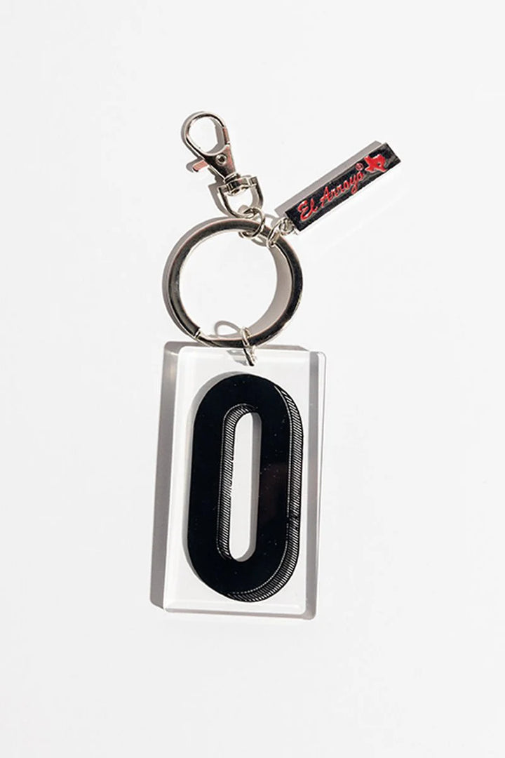 El Arroyo Marquee Letter Keychain with bold black "0", clear acrylic frame, metal ring/clasp, tag. Size: one size.