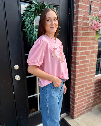 Pink Pumpkin Short Sleeve Sweatshirt with festive designs, available in sizes S-XXL.
