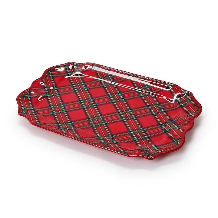 Tartan Traditions Melamine Platter: rectangular scalloped-edge tray with a red, green, and gold holiday plaid pattern.