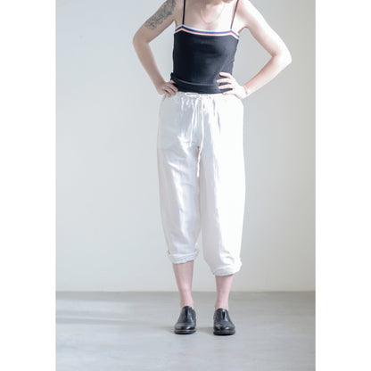 Loose white Cotton Linen Lani Capri pants. Available in sizes XS–XL.