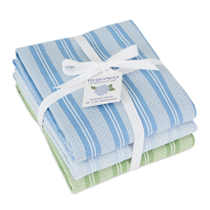 Set of 3 Garden Essential Dishtowels: two blue, one green striped cotton towels, tied with white ribbon. Sizes not specified.
