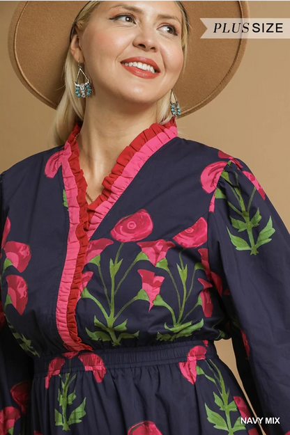 Louise Floral Midi Dress: navy, pink and green floral, red ruffled neckline; plus sizes available 1X-4X.