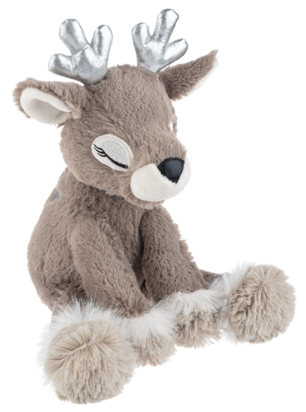 Cuddleprance Reindeer plush toy with closed eyes, a dark nose, and silver antlers. Available in various sizes.