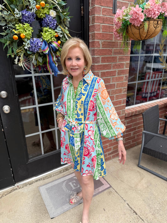 On Vacation Time Dress in vibrant botanical stripe print; available in sizes XS–XL.