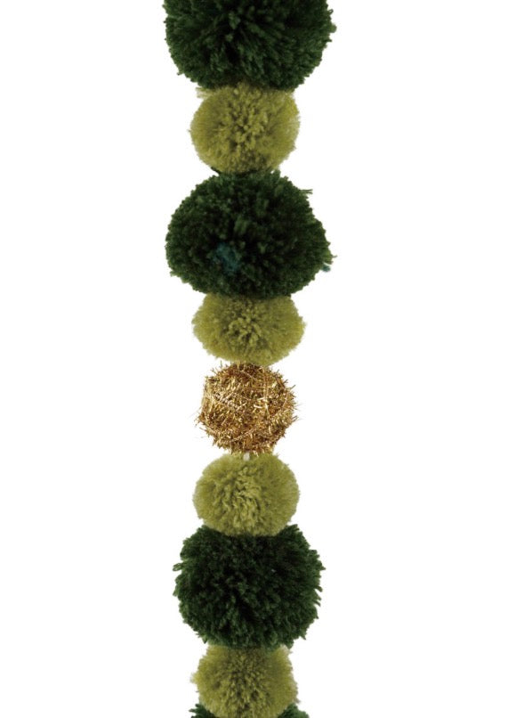 Green and Gold pom-pom garland with dark green and olive green yarn pom-poms and textured metallic spheres.