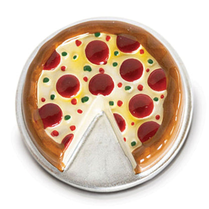 Round pepperoni pizza with a slice missing, thick crust, cheese, pepperoni, green toppings. Sizes: Mini only.