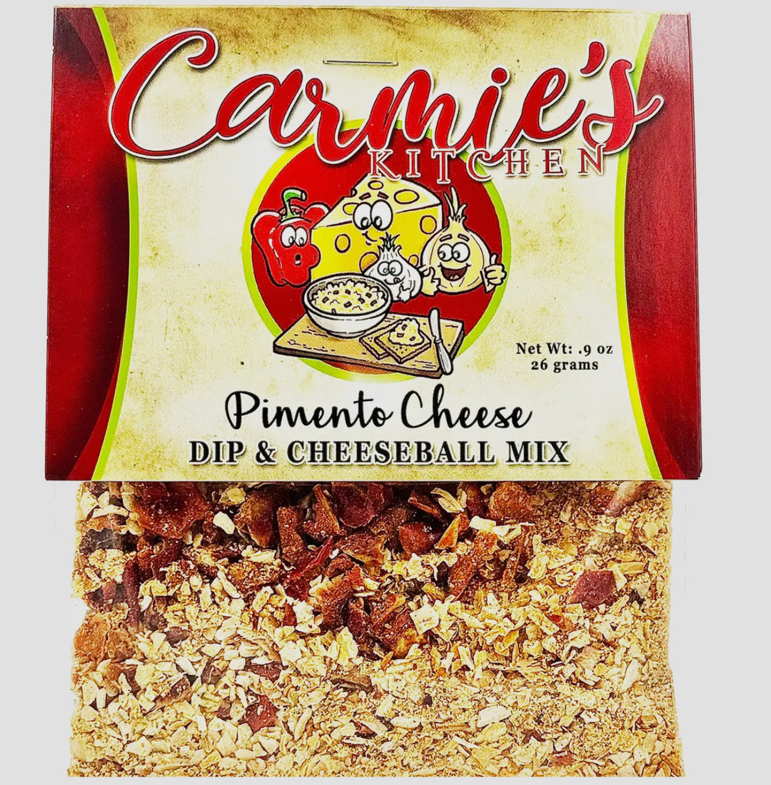 Packet of Pimento Cheese Dip & Cheeseball Mix, labeled with cartoon images. Creamy mix in clear pouch. Size: 3 oz.