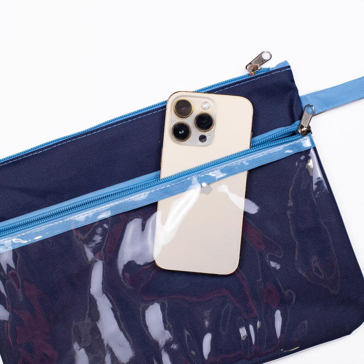 Navy blue and clear Wet/Dry Bag with blue zipper pocket. Available in small, medium, and large sizes.