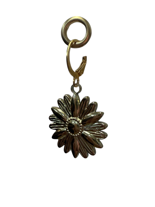 Metallic flower-shaped pendant with layered petals on gold hoop earring and clasp. Available in S, M, L sizes.