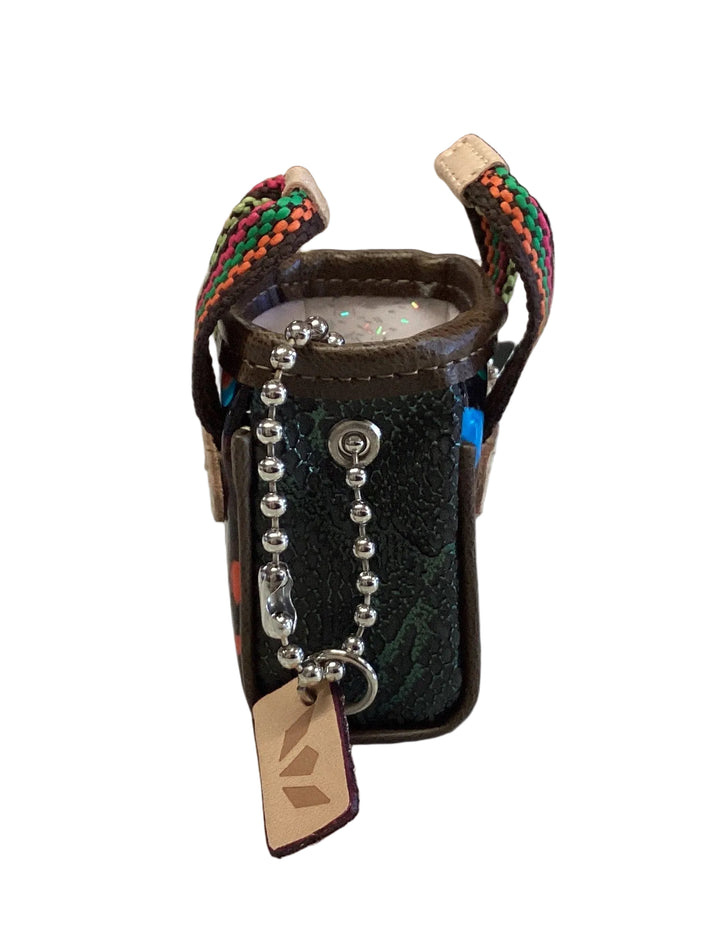 Classic Tote Charm, Sophie miniature tote bag with patterned sides, brown trim, colorful woven handles, and a ball chain with a leather tag.