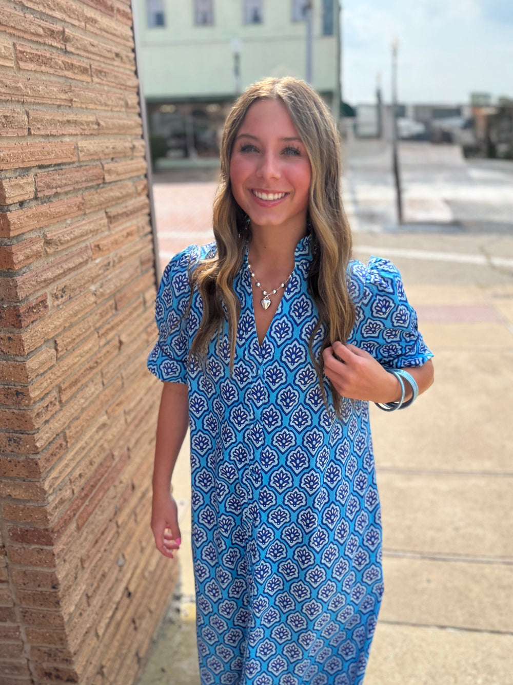 Bright Blue Printed Button Down Midi Dress shown; available in sizes XS–XL.