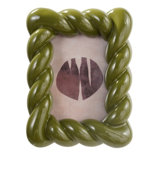 Glossy green resin twisted photo frame with a rustic, distressed wood-effect finish in olive green. Available sizes: 4x6, 5x7, 8x10 inches.