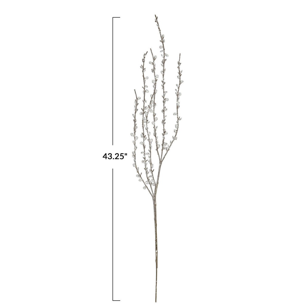 43.25-inch champagne-colored faux twig spray with glitter and faceted clear acrylic jewels.