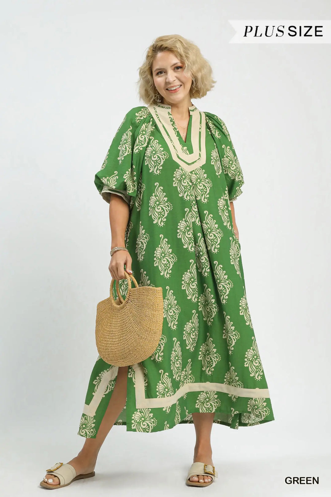 Green Abstract Print Midi Dress with green and cream pattern, flowy silhouette, breathable fabric. Available in plus sizes.
