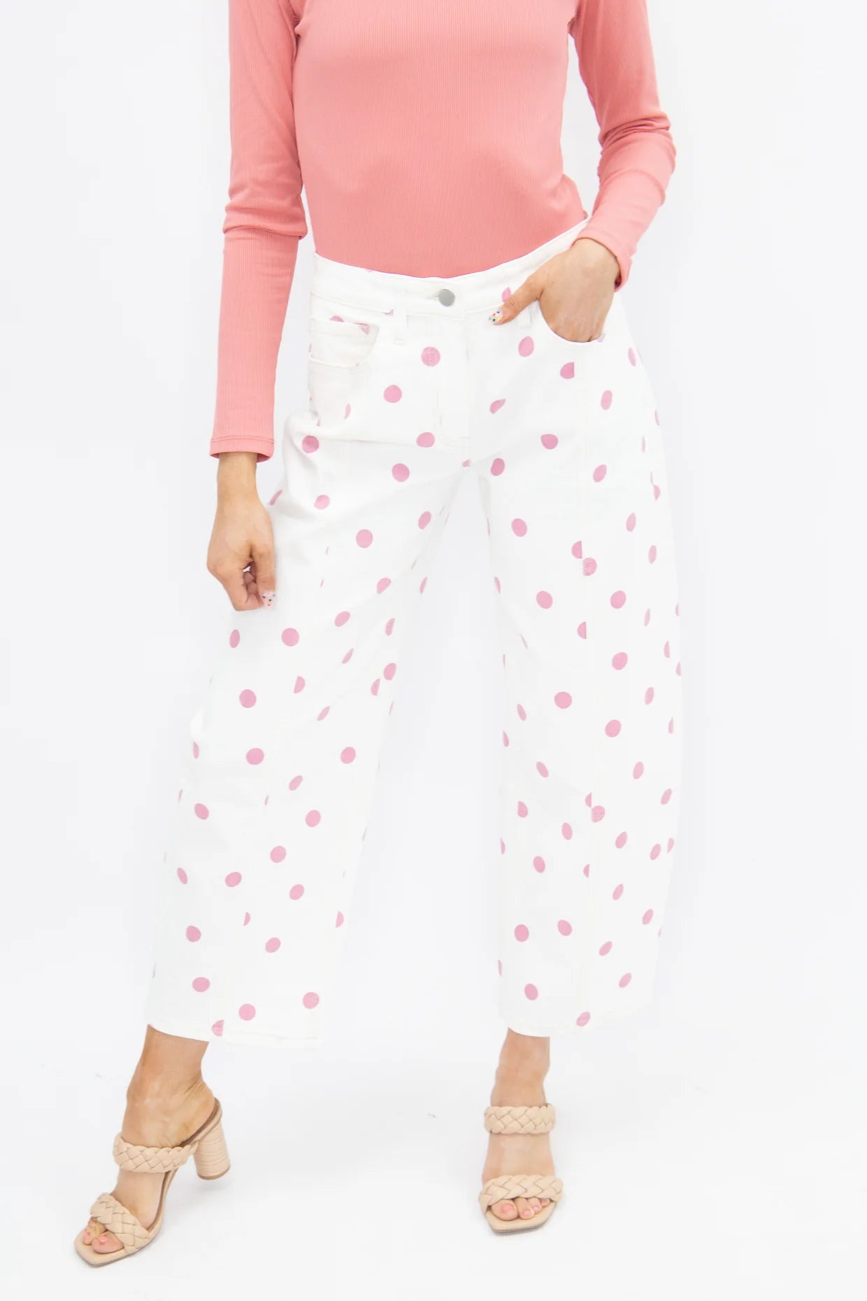 Pink Polka Dot Barrel Jeans available in sizes 24-32.