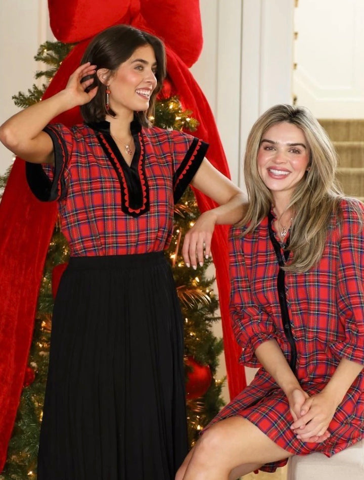 Plaid Scalloped Blouse in red plaid, available in sizes XS-XL.