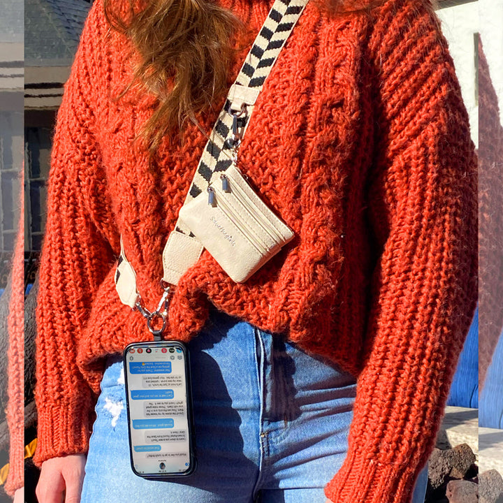 Beige Save the Girls Clip and Go Zippered Pouch crossbody, fits smartphone and essentials. Available in S, M, L.
