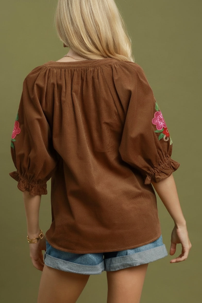Embroidered Sleeve Corduroy Blouse with floral balloon sleeves, available in sizes XS–XL.
