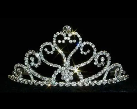 Tall Heart Tiara in sterling silver with swirling designs and sparkling diamonds. Available in small, medium, and large sizes.