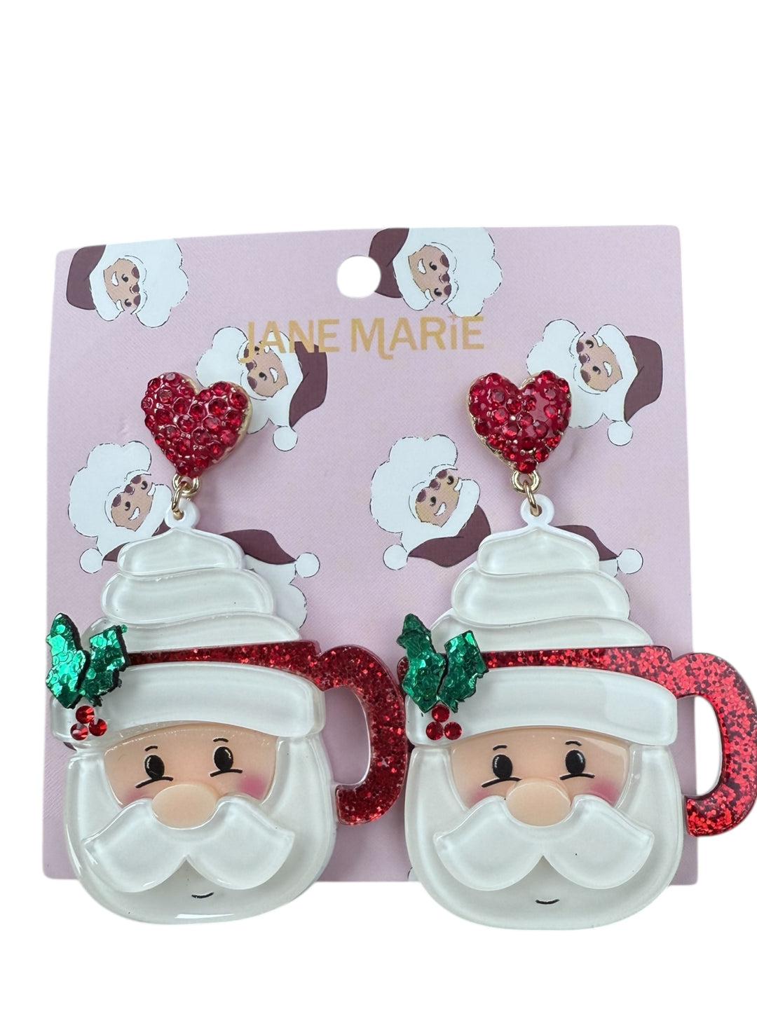 Acrylic Christmas earrings: dangling Santa mug with red heart, red glitter, and holly berries.