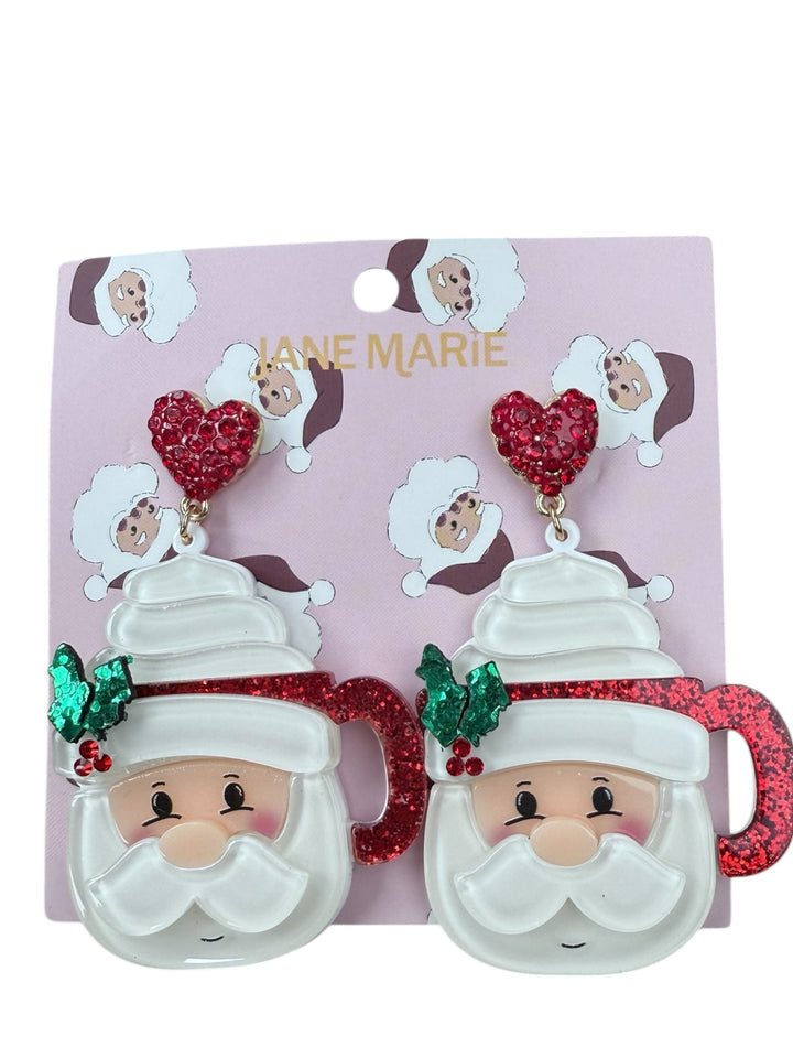 Acrylic Christmas earrings: dangling Santa mug with red heart, red glitter, and holly berries.