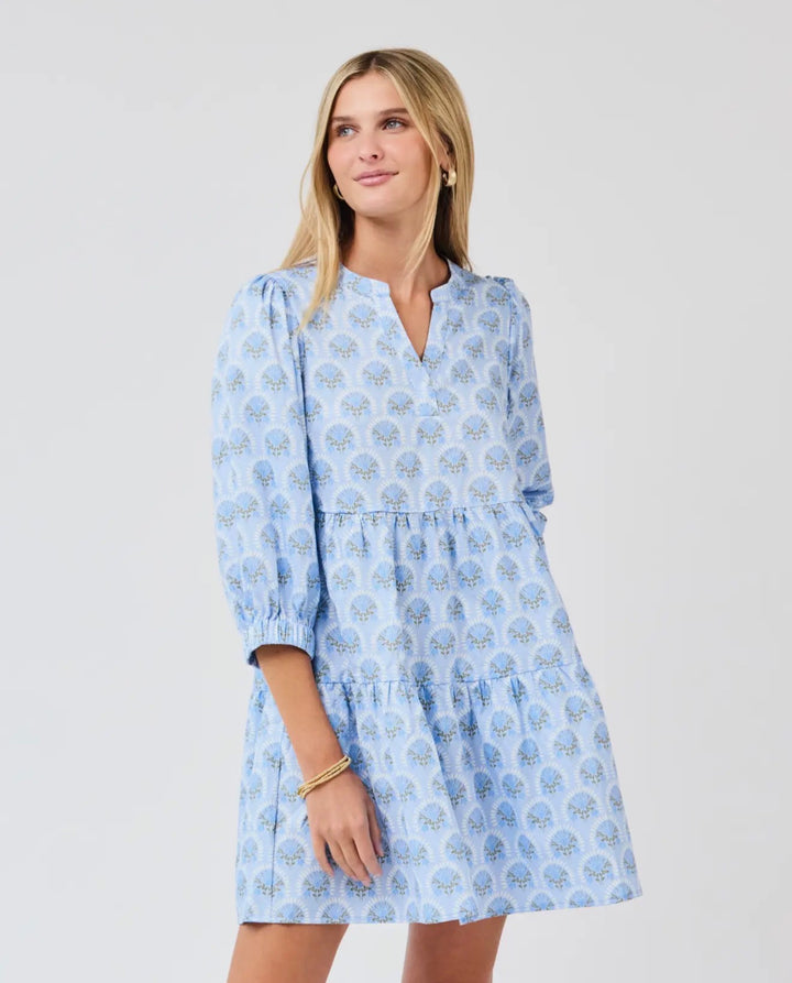 Cooper Botanical Blooms Dress: light blue, knee-length, V-neck, 3/4 sleeves, floral print. Sizes XS–XL.