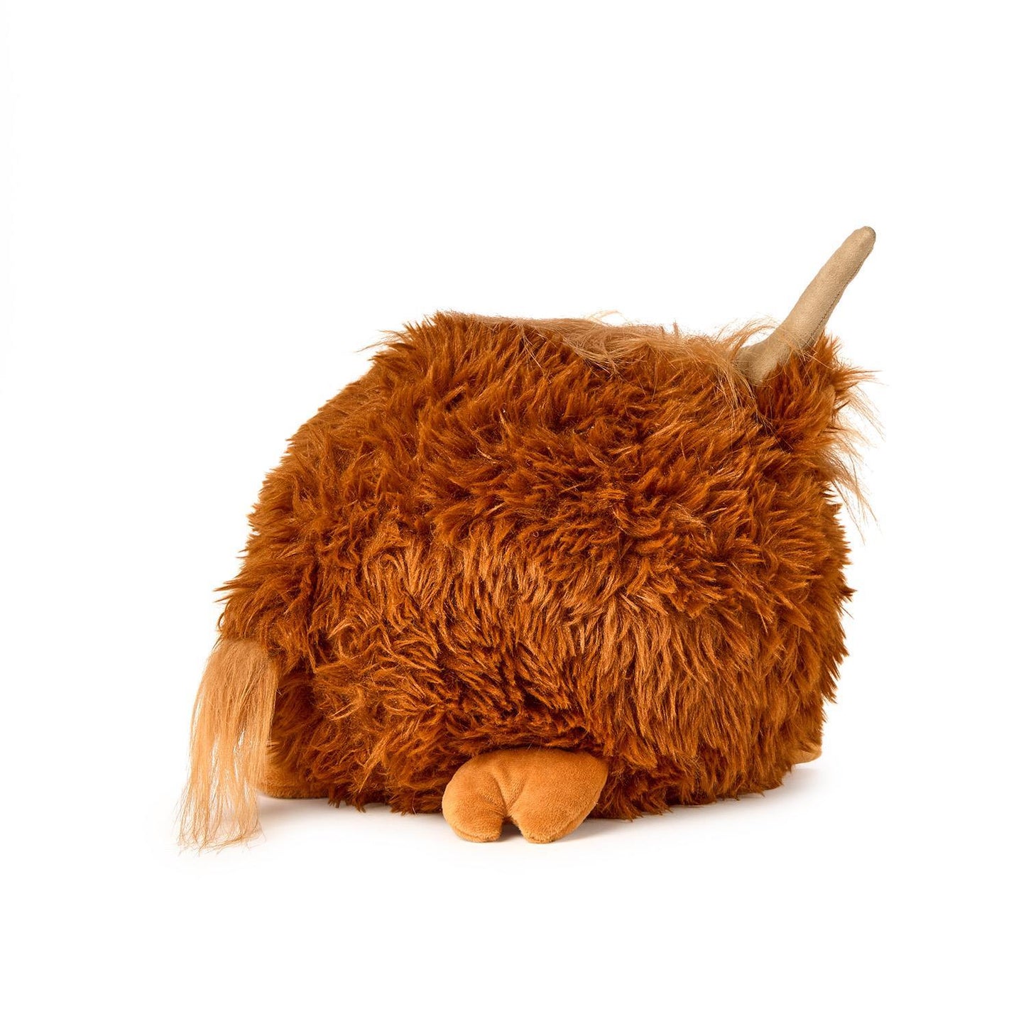 Ultra-soft Highland Cow plush with shaggy orange-brown fur, tan horns, fluffy tail, and light brown feet. Sizes: S, M, L.
