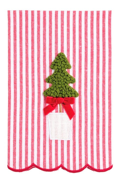 Pink and white striped Xmas topiary towel with embroidered green tree in a white pot with a red ribbon bow.