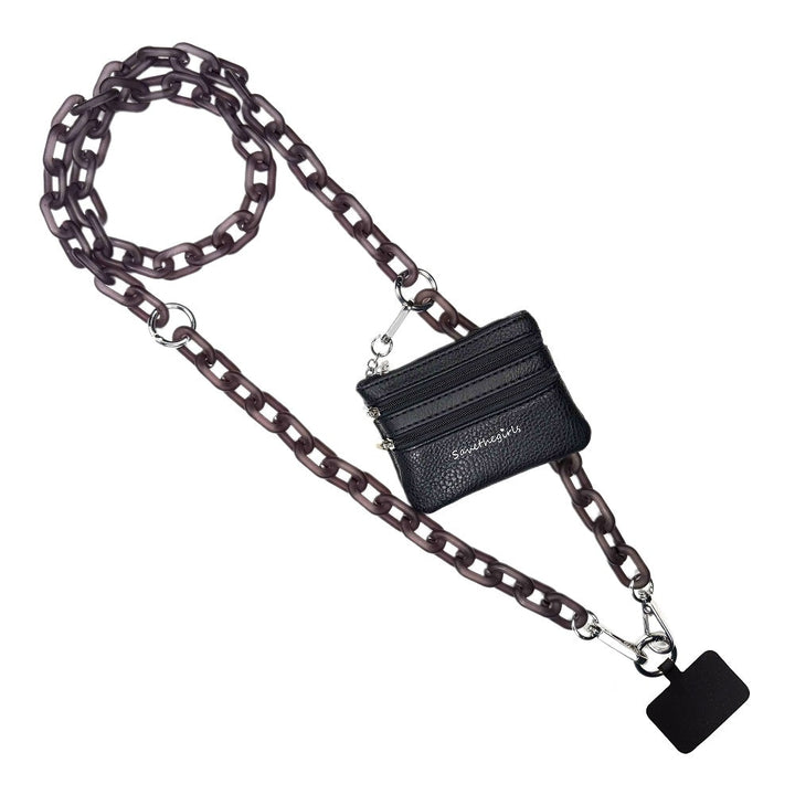 Small black zippered pouch with chunky brown chain, silver hardware, and black keychain; available in one size.