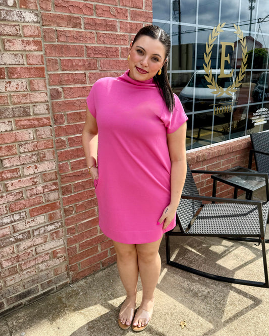 Pink Solid Mock Neck Pullover Dress